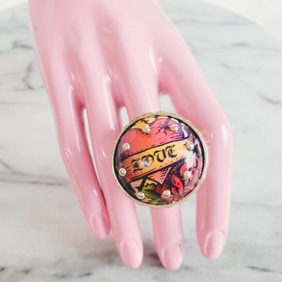 LOVE Tattoo Print Round Chunky Thick Ring‎ - Picture 3 of 7